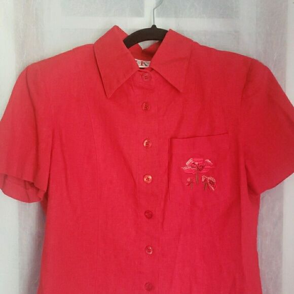 R & K ORIGINALS Red Button Front Shirt Blouse Short Sleeve Women's Petites - Picture 2 of 8